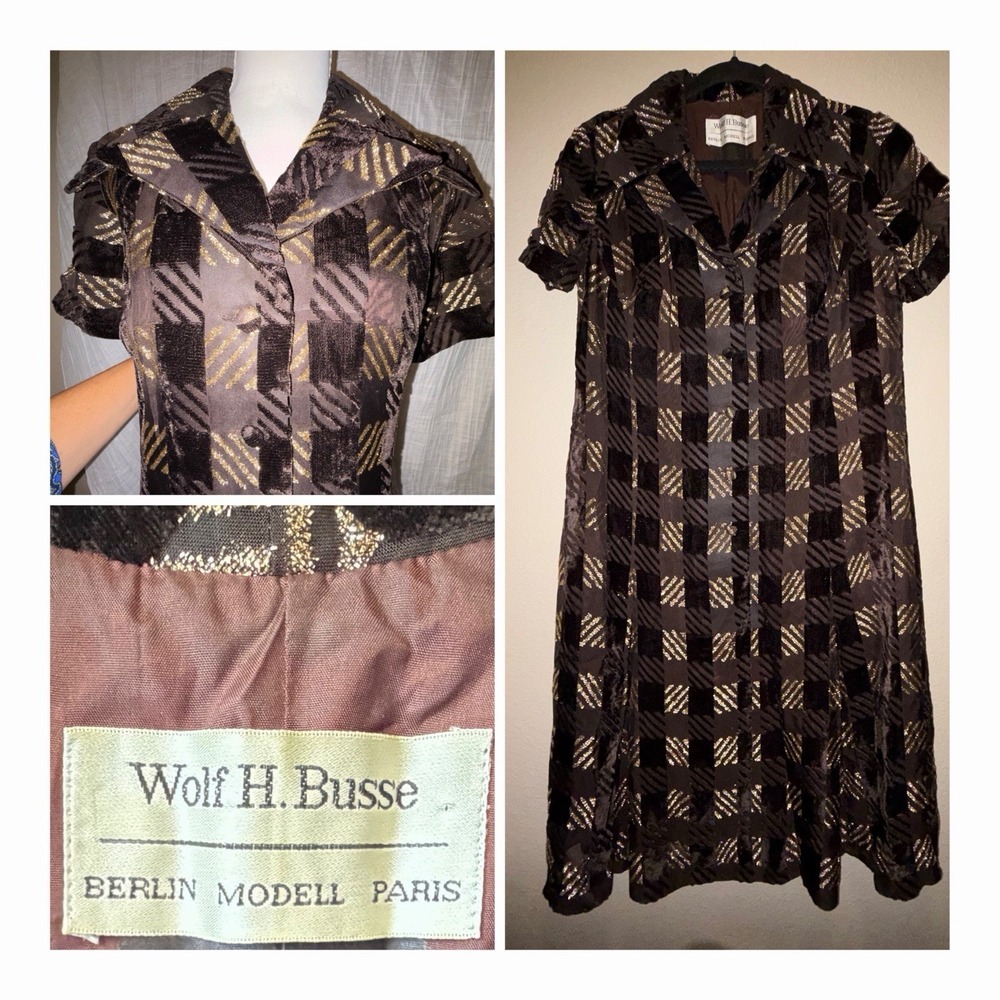 Vtg 1960s Wolf H Busse Velvet Burnout Gold Lurex Shirt Dress M 8 10 Mod Cocktail